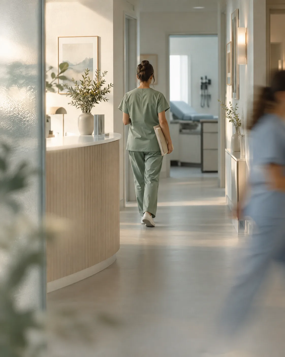 Eine medizinische Fachperson am ruhigen Praxisempfang mit Milchglas