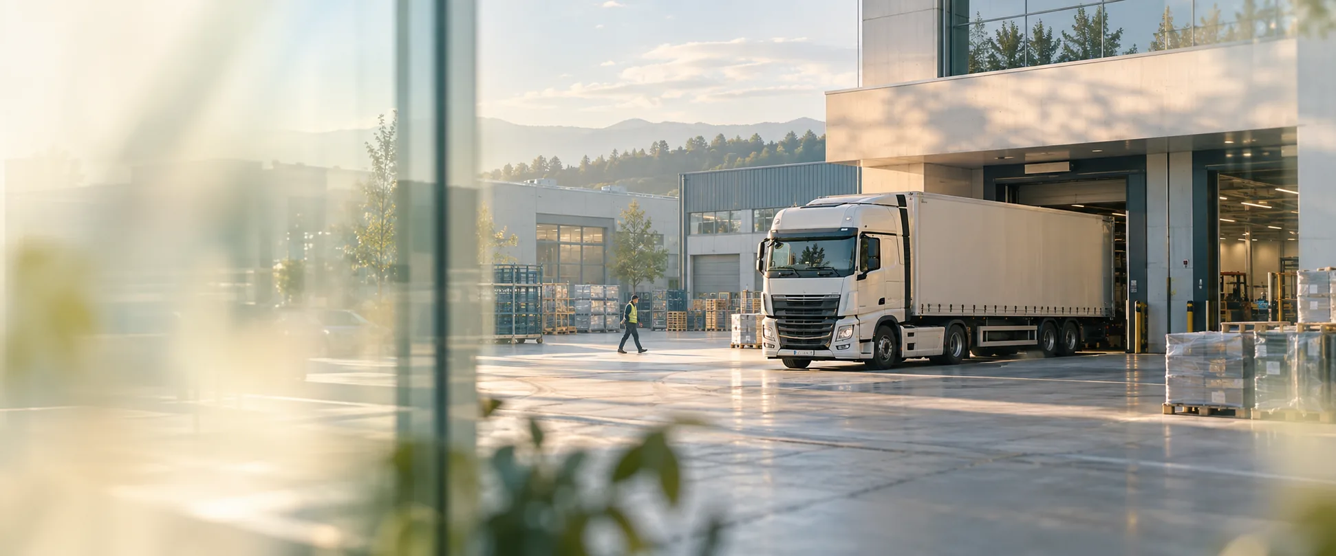 Ein Lastwagen an einer industriellen Laderampe, eingerahmt von weichen salbeifarbenen Reflexionen und warmem Morgenlicht