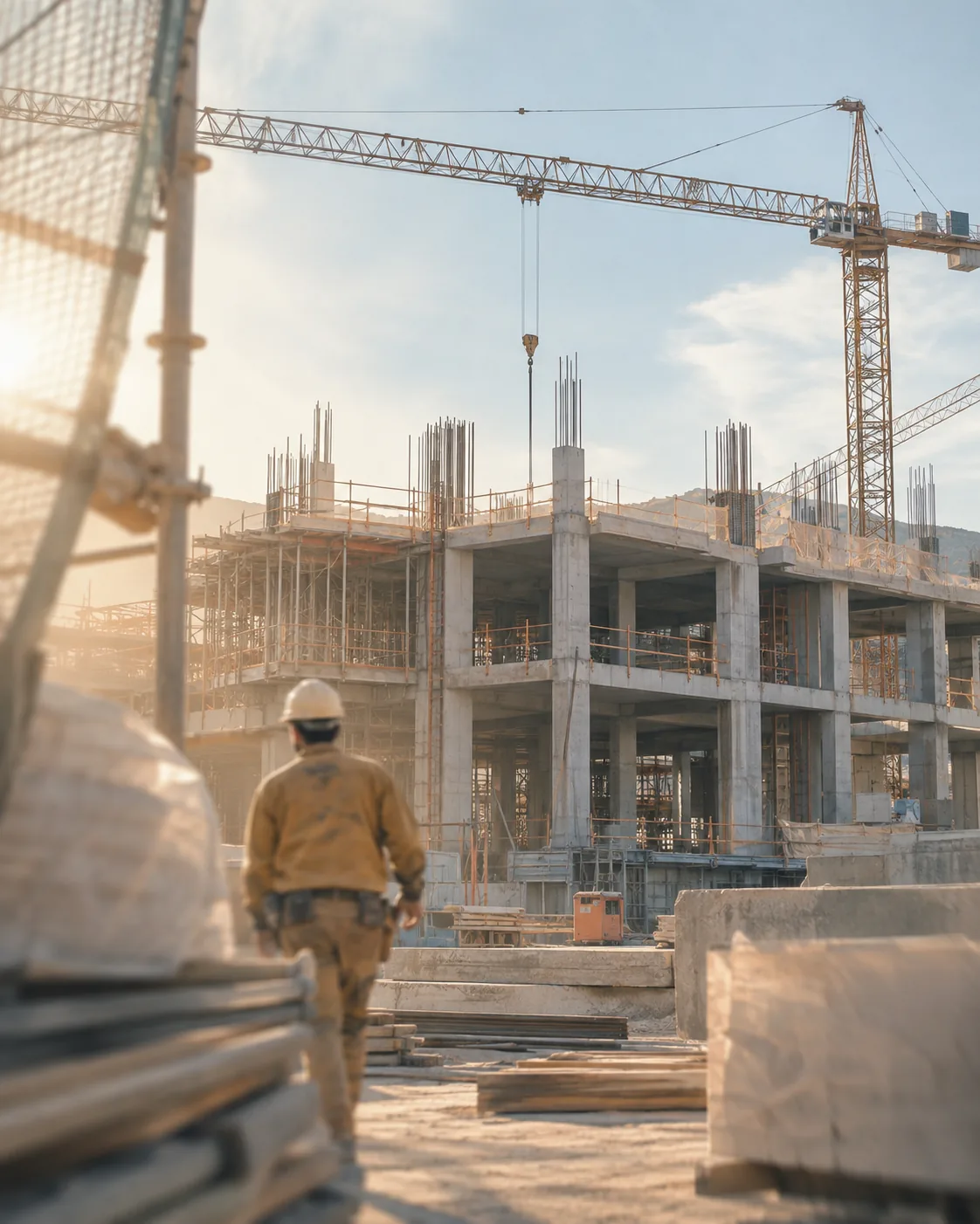 Eine Fachperson auf einer Betonbaustelle unter einem Baukran